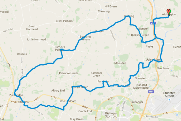 35 miles anticlockwise from Widdington