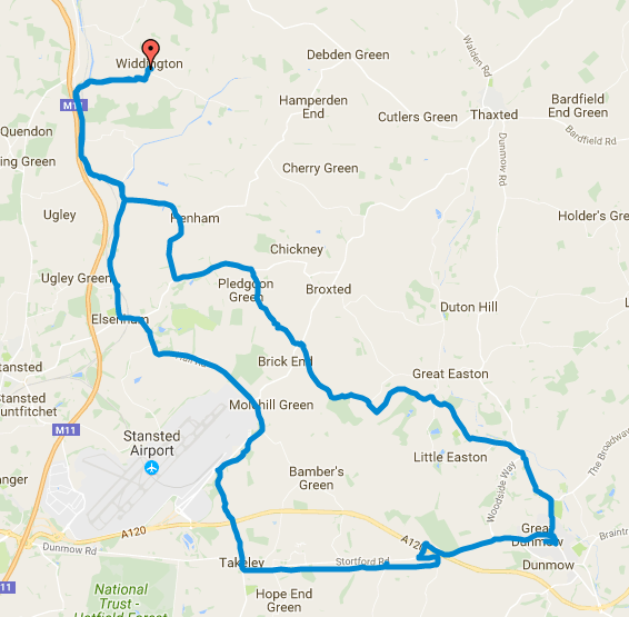 28 miles anticlockwise from Widdington